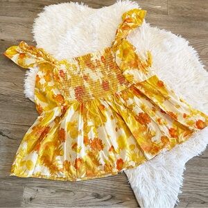 Rose + Olive Floral Smocked Top Ruffle Flower Child Garden Party Fairy Sunset XL